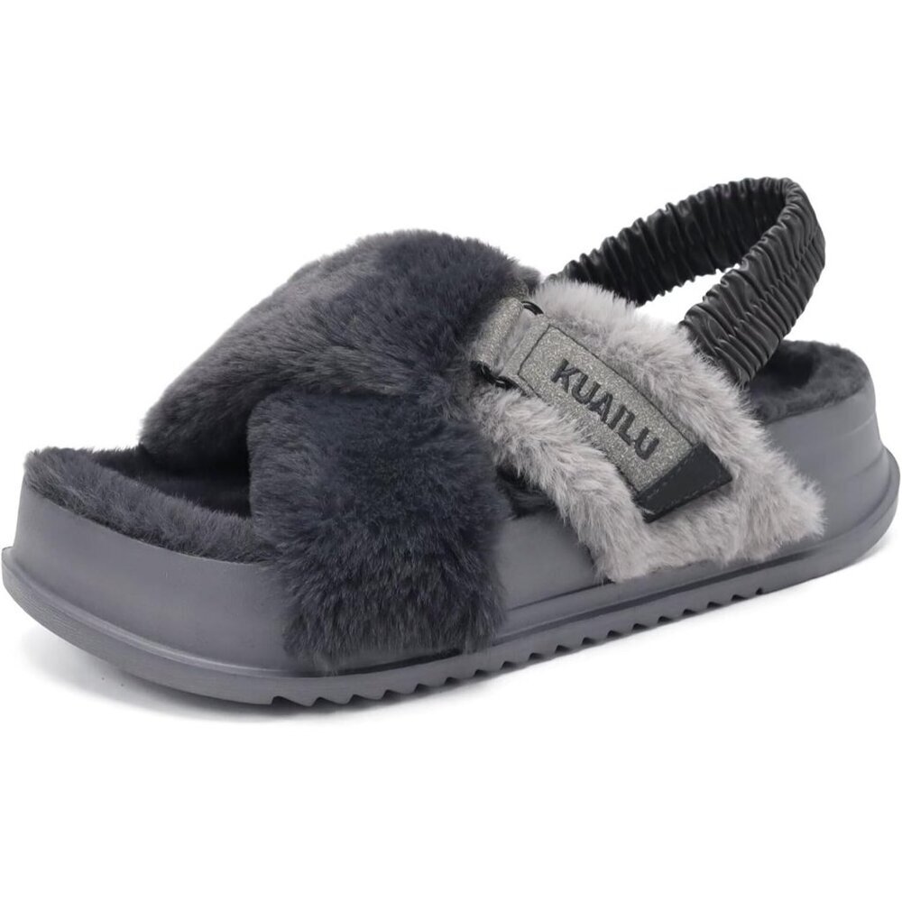 Women's Plush Gray Fleece Fuzzy Fur Criss Cross Open Band Cozy Slippers Shoes